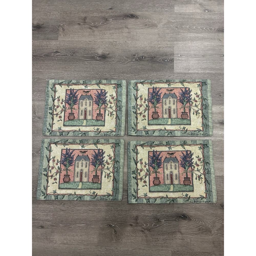Set of 4 Vintage Susan Winget Tapestry Placemats Country Schoolhouse Garden Folk